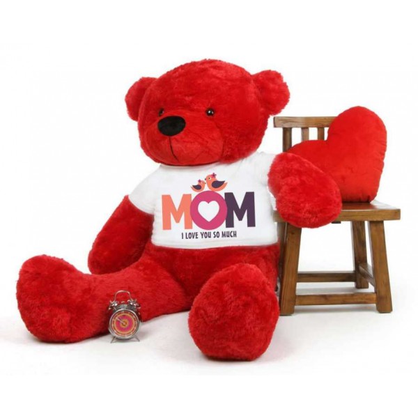 Red 5 feet Big Teddy Bear wearing a Mom I Love You So Much T-shirt